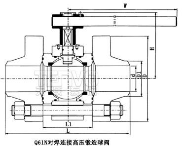 Q71N对焊连接锻钢高压球阀外形尺寸图