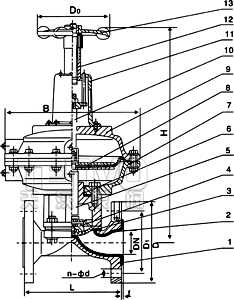 EG641J英标（带手动往复型）气动隔膜阀结构图