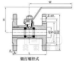 锻打缩径式填料仓整体式法兰球阀结构图